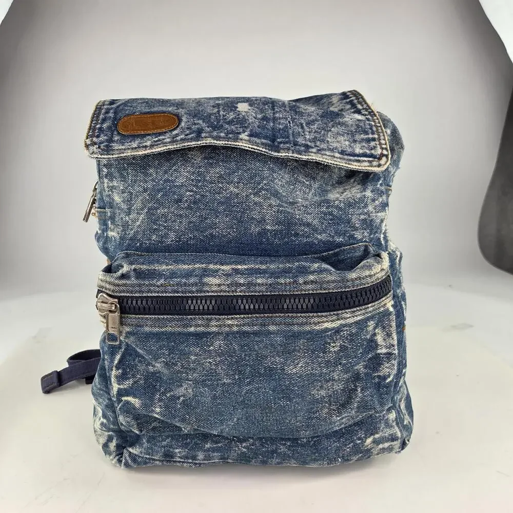 Vintage Class Act 90s Blue Stone Washed Thick Denim Zip Niche Design Backpacks - Picture 2 of 13